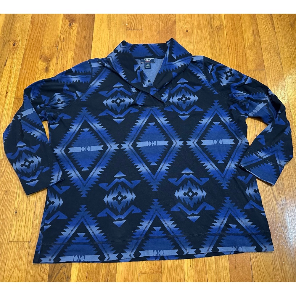 Chaps Denim Mens 2X Blue Southwestern Geometric Shawl Collar Pullover Sweater